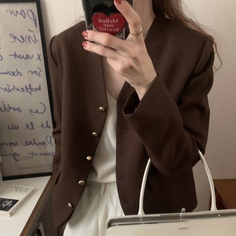 (Hàng Đẹp)Ảnh thật 3 hình cuối-HC486.Áo blazer dáng ngắn cổ V cúc kim loại sang chảnh Hàn Quốc