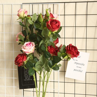 Cành HOA HỒNG ROMANTIC 3 bông nhiều nụ siêu đẹp cao 66cm - Hoa giả bằng lụa cao cấp làm cây trang trí đẹp