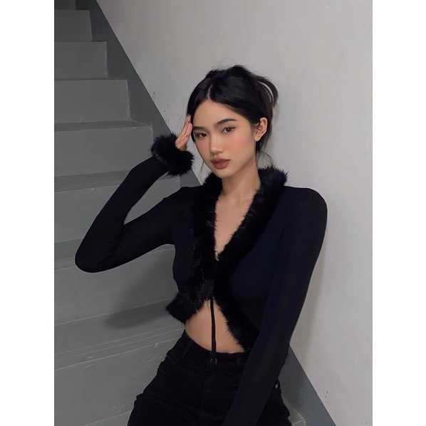 Áo cardigan croptop viền lông tay dài cột dây