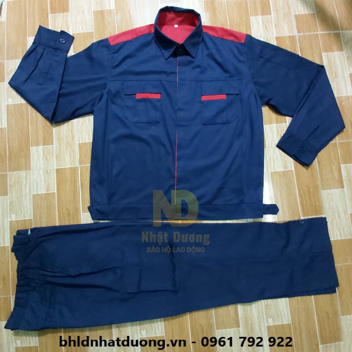 Quần áo bảo hộ lao động nam nữ TB11 vải kaki 65/35 màu xanh tím than phối đỏ -Nsafe
