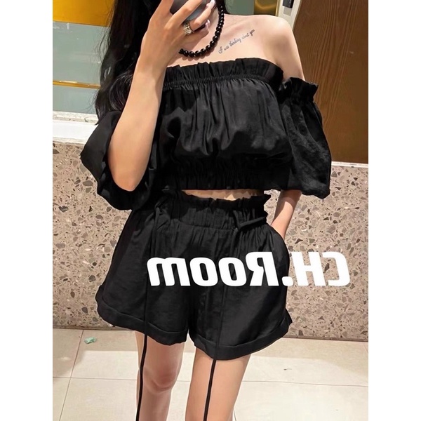 Set áo crop bẹt vai bo chun + short lưng cao nơ