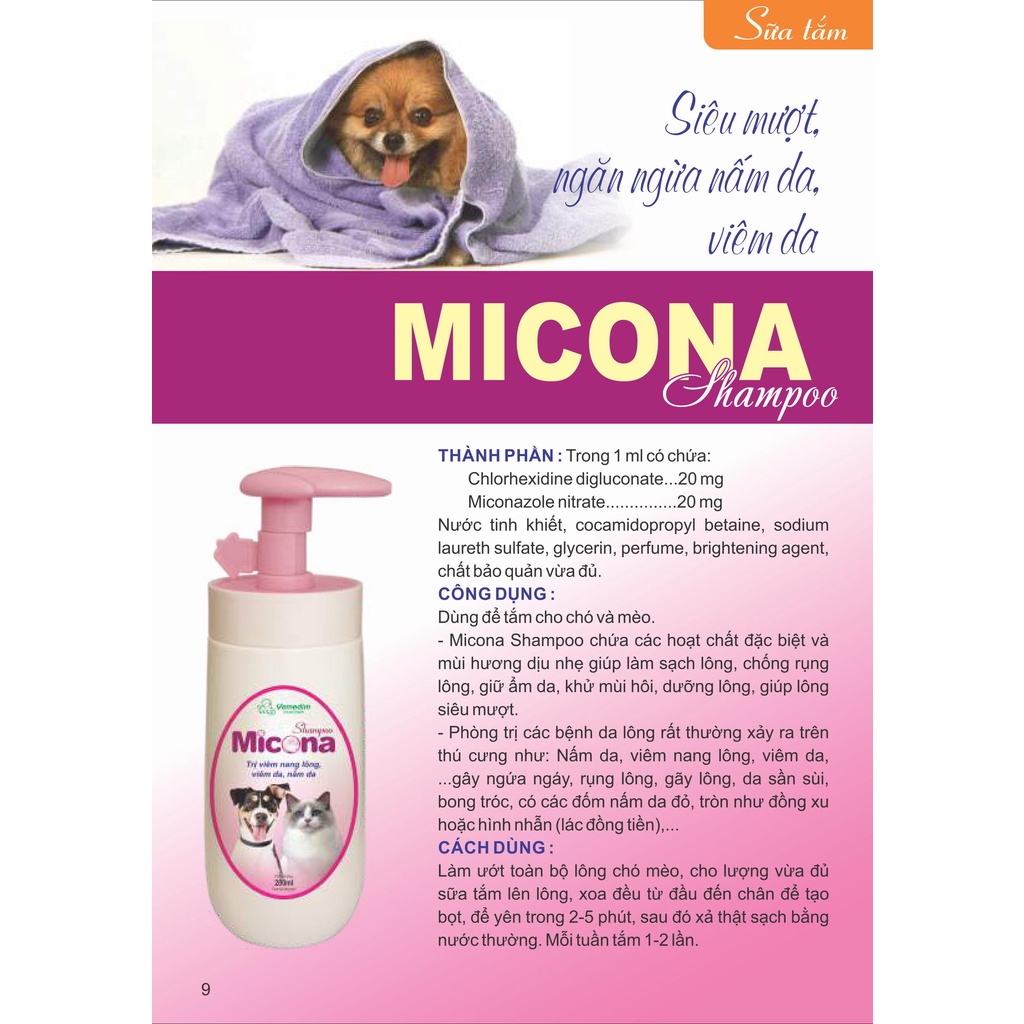 Combo Micona shampo sữa tắm trị nấm cho chó mèo và Micona Spray xịt trị nấm da cho chó, mèo
