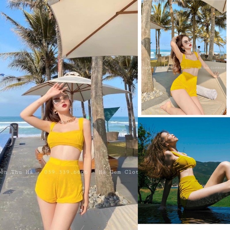 Set Bikini vàng đi biển, Sét áo 2 dây quần lưng cao