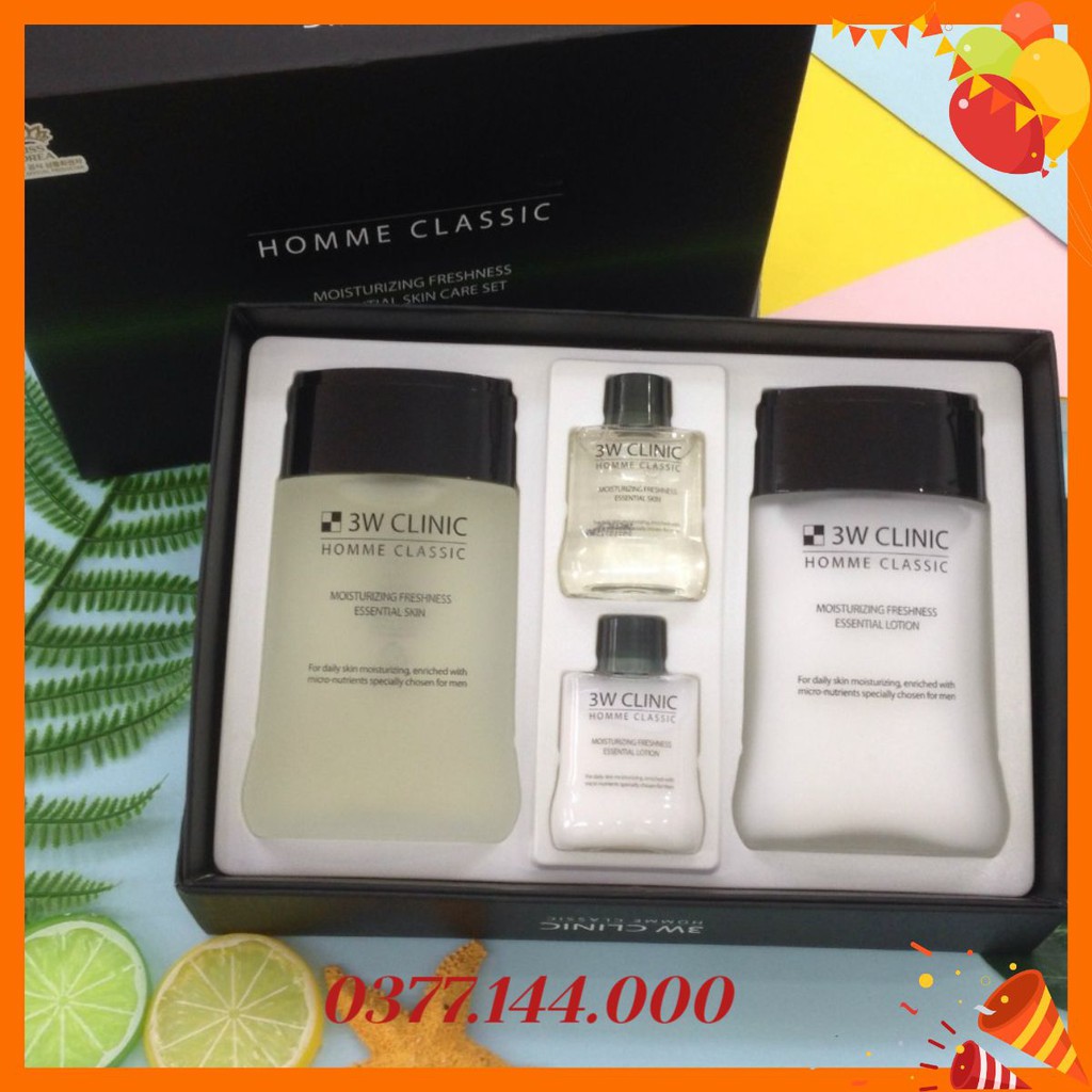 Bộ Mỹ phẩm nam giới làm trắng dưỡng ẩm da Hàn Quốc 3W CLINIC HOMME CLASSIC MOISTURIZING FRESHNESS ESSENTIA 2 ITEM SET
