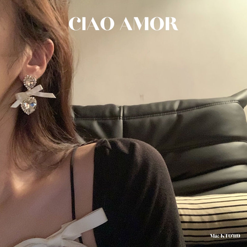 KT0419-Khuyên tai nữ, Bông tai nữ nơ dài trái tim đá to tiểu thư dự tiệc Trang sức Ciao Amor