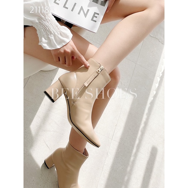 BEESHOES - BOOT DA MỀM MŨI VUÔNG - BOOT ĐẾ TRỤ CAO 6CM CÓ SẴN MÀU ĐEN - KEM - BE 211188