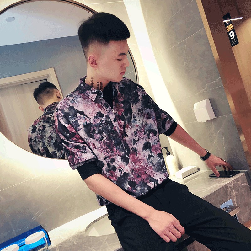 Men's fashion color combination short-sleeved shirt
