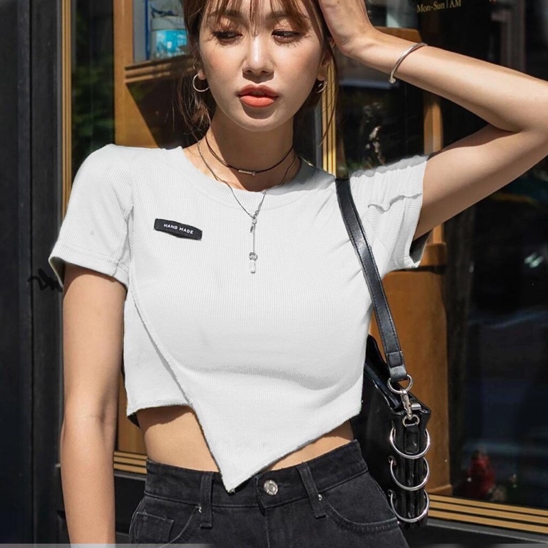 [ SIÊU SALE] Áo Croptop Ngắn Tay Bất Đối Xứng Anhribi - Áo kiểu nữ chất thun gân chéo tà tôn eo siêu xinh kèm video thật