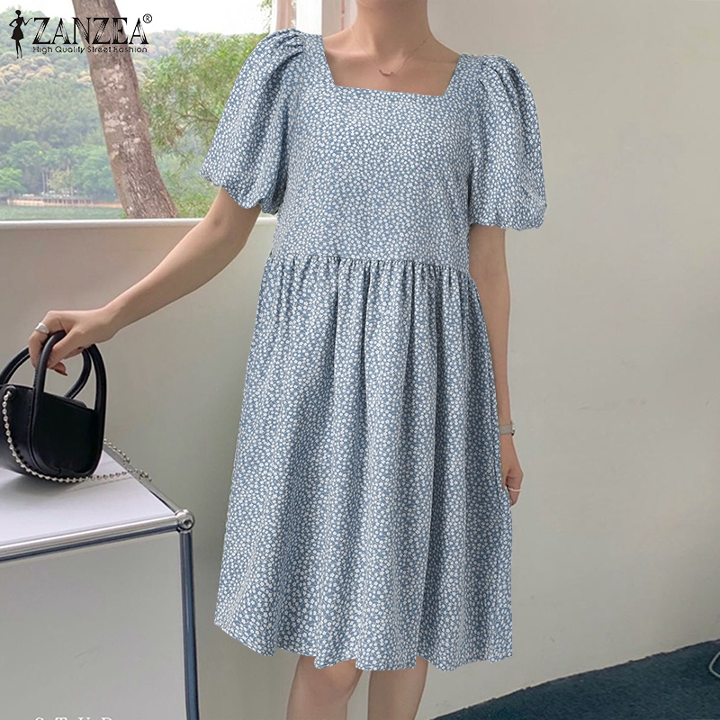 Zanzea Đầm Tay Ngắn Phồng Cổ Vuông In Họa Tiết Hoa Phong Cách Hàn Quốc Dành Cho Nữ