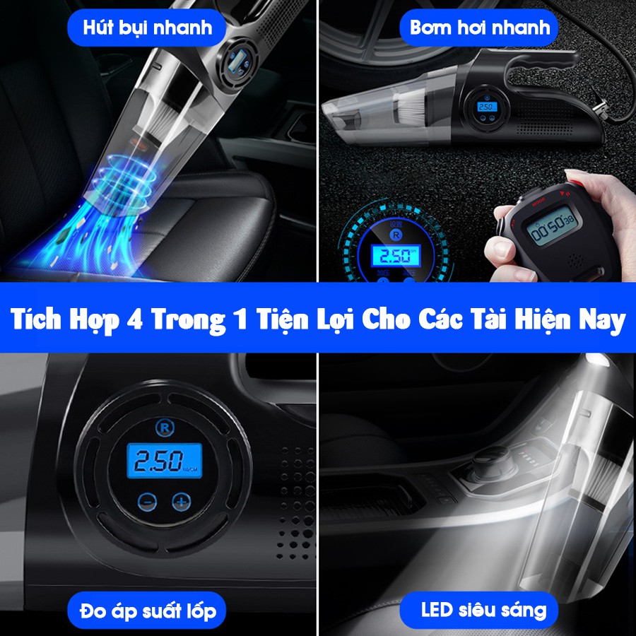 Máy hút bụi kèm bơm lốp ô tô điện tử không dây Car365 thông minh cao cấp - Hút mạnh, bơm nhanh, pin sạc bền bỉ - CAR56