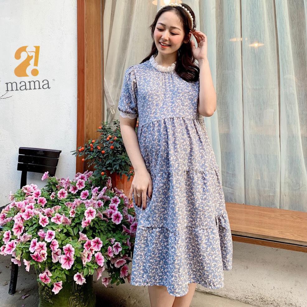 [BÁN SỈ] Váy bầu 2MAMA họa tiết hoa nhí pha ren dáng đuôi cá ba tầng / đầm bầu sang chảnh V08 👗 *