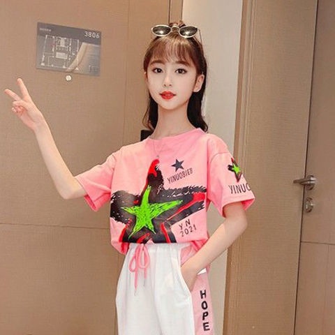 Bộ Đồ Thể Thao 2 Món Áo Thun Tay Ngắn Thời Trang Mùa Hè Cho Bé Gái Từ 3-4 - 5-6 - 7-8 - 9-10 - 11-12 - 13-14 - Năm Quần Thể Thao Trẻ Em Áo Thun S