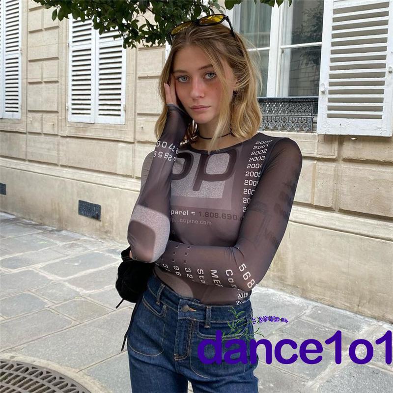 Áo croptop tay dài cổ tròn dáng ôm in họa tiết thời trang cho nữ