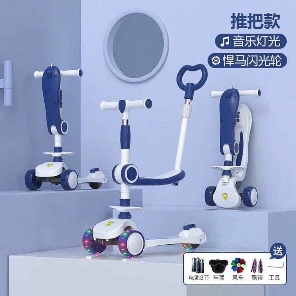 Xe trượt Scooter 3 bánh đa năng có đèn led phát sáng Kèm Tay Đẩy, có nhạc và ghế ngồi cho trẻ em