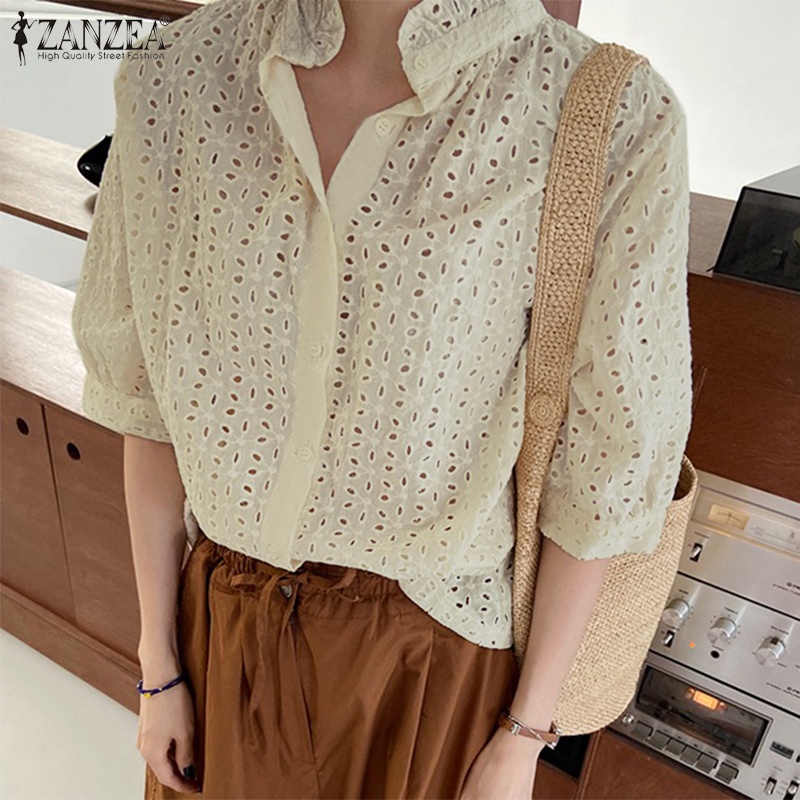 Zanzea Áo Kiểu Tay Ngắn Cổ Đứng Phối Bèo Và Nút Thời Trang Cho Nữ