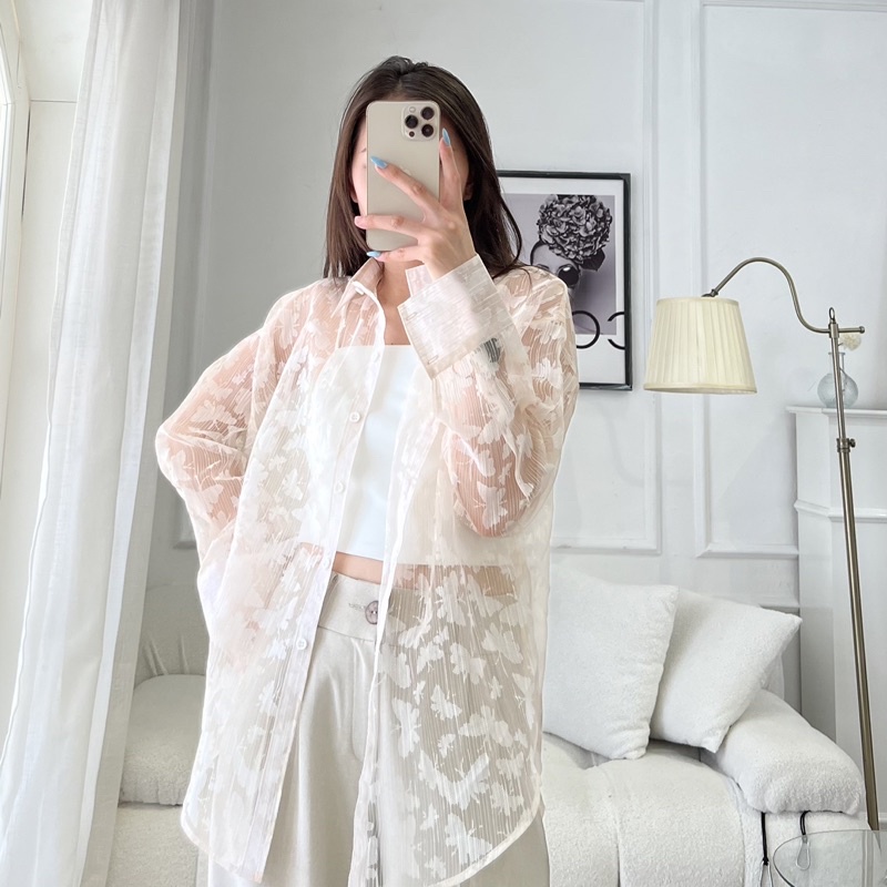 Áo sơ mi nữ form rộng tay dài hàng thiết kế Huien Design phong cách Hàn Quốc, áo sơ mi ren tiểu thư nhẹ nhàng nữ tính