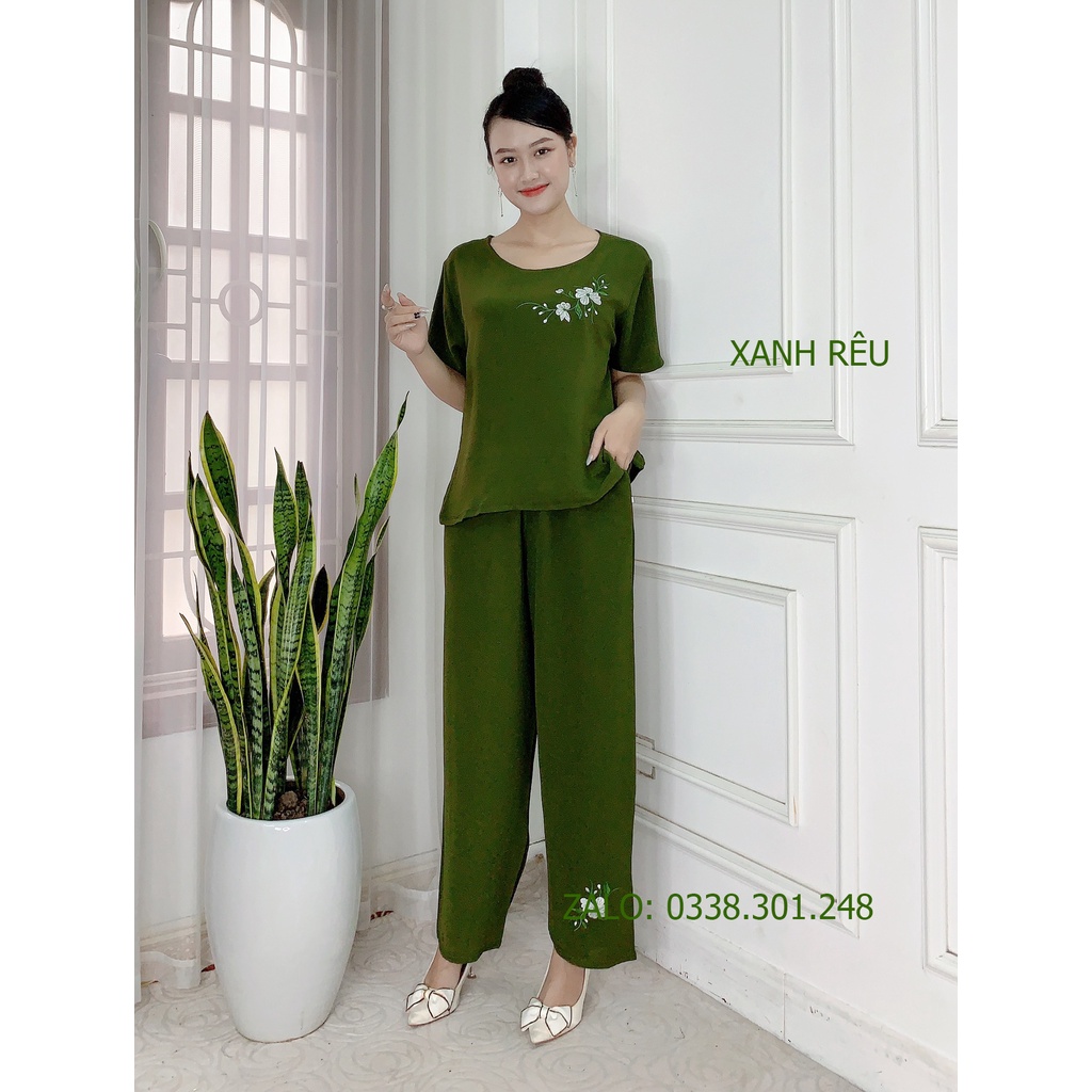 Bộ Đũi thêu hoa Trung niên cho bà cho mẹ Tay cộc Quần dài