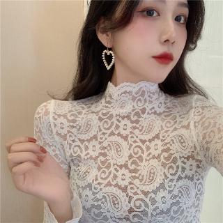 [Mã FSS09JAN hoàn 20% XU đơn từ 0đ]Áo Thun Tay Dài Cổ Cao Phối Ren Hoa Thiết Kế Ôm Sát Tôn Dáng