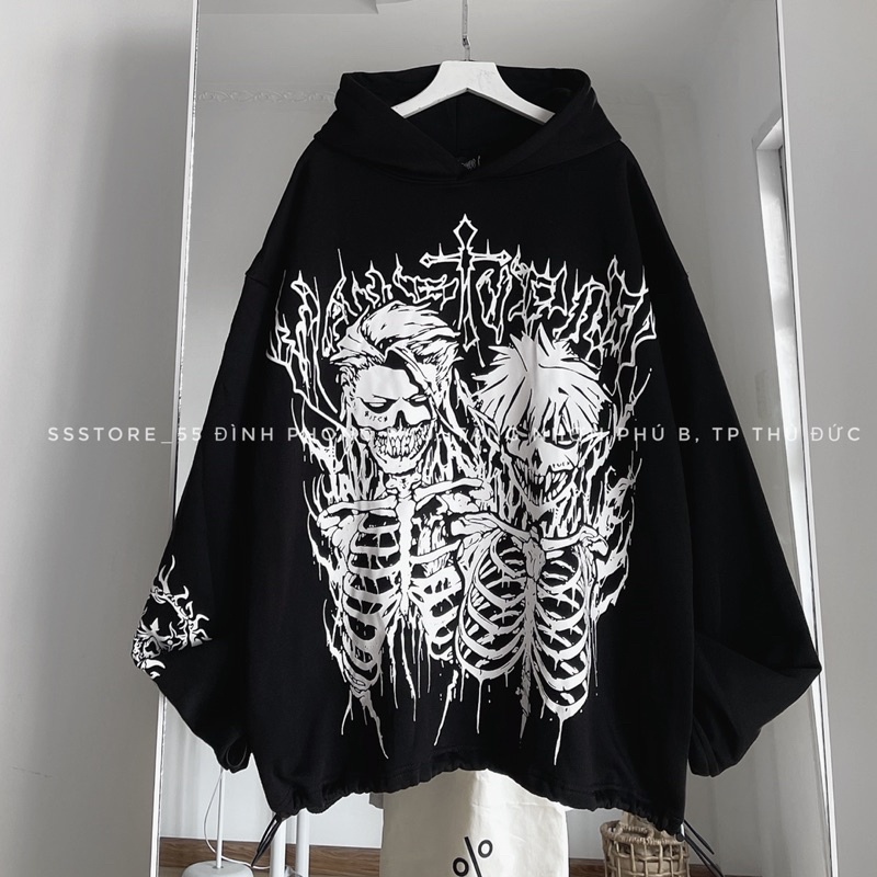 Áo Hoodie nỉ bông vah/v4 màu đen form rộng unisex nam nữ