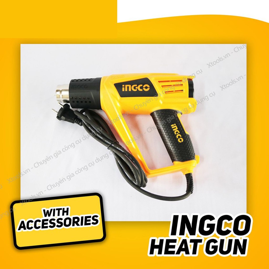 Máy khò nhiệt INGCO HG20008 Công suất 2000W Tặng kèm 5 món 1 cây nạo/cào và 4 miệng vòi, Máy thổi nhiệt 350°C/550°C