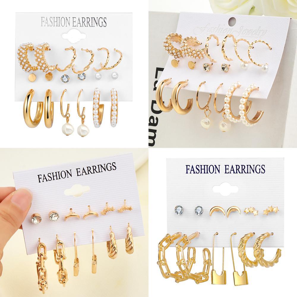 PINEVN Set 6 Đôi Bông Tai Mạ Vàng Kiểu Dáng Hình Học Thời Trang