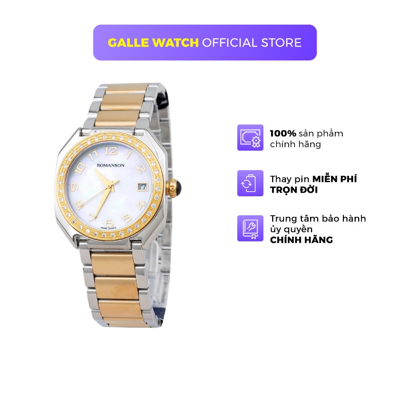 Đồng hồ Romanson Watch RM1208QLCWH nữ mặt khảm trai đính đá kính chống xước máy Thụy Sĩ chống nước dây thép chính hãng