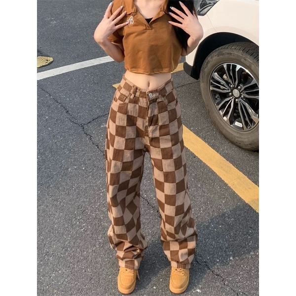 ORDER_ Quần jeans caro nâu ống suông đứng cạp cao