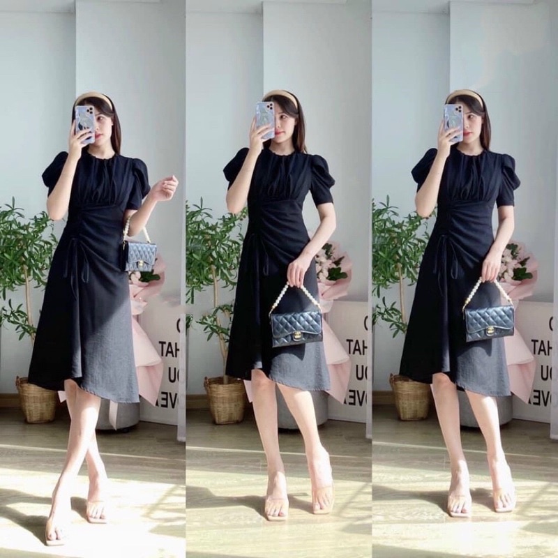 Đầm cổ tròn nhún ngực dây rút nhún eo