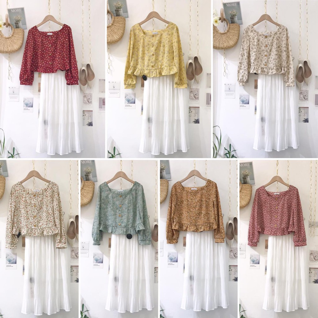 ÁO croptop cổ vuông hè 2021 hoa nhí