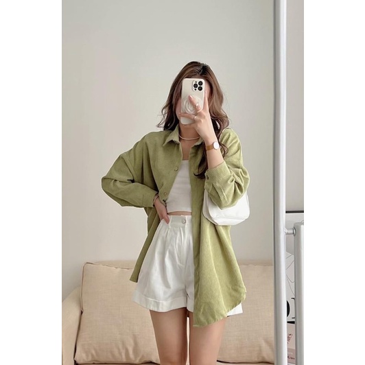 Áo sơ mi dài tay nhung tăm màu trơn xanh lá hot hit chất LOẠI 1 oversize 2monday