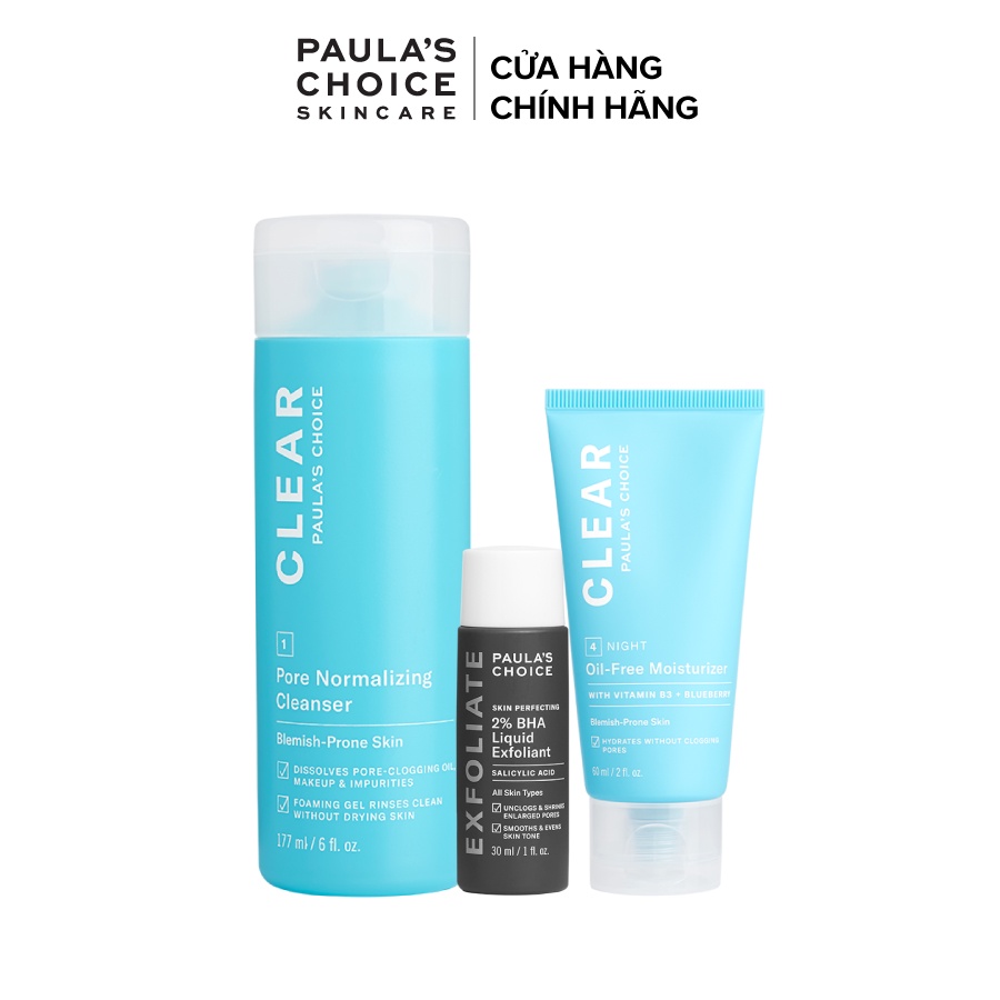 Bộ ba làm sạch và dưỡng khỏe da mụn Paula's Choice Pore Normalizing Cleanser + 2% BHA Liquid + Oil-Free Moisturizer