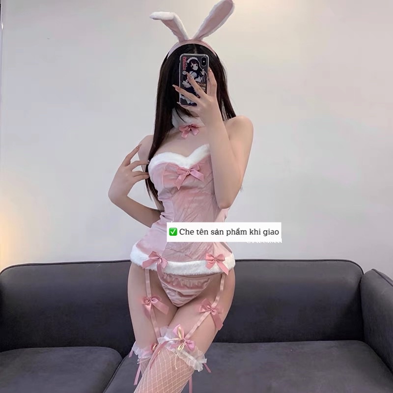 QR1518 - Set Đồ Thỏ Dễ Thương - Áo Quây Viền Lông Kết Hợp Quần Gater Sexy