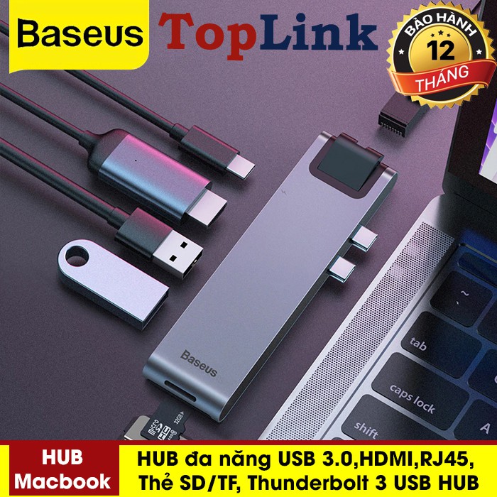 [Mã SKAMSALE12 giảm 10% đơn 200K] Hub Đa Năng 7 In 1 Baseus Thunderbolt 3 HUB USB C Loại Kép-C 7in1 USB 3.0 Loại C HUB