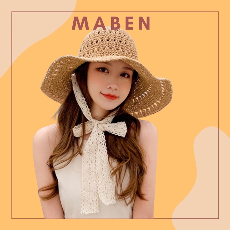 Mũ cói dây ruy băng thắt nơ - Maben