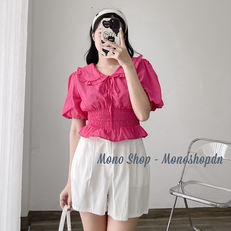Áo sơ mi cách điệu croptop bo eo cổ sen cột nơ Ảnh thật/ sẵn