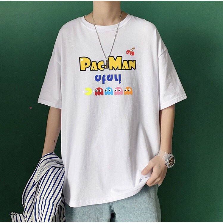 Áo phông nam nữ form rộng 2N Unisex thun cotton in chữ Pacman màu trắng/vàng