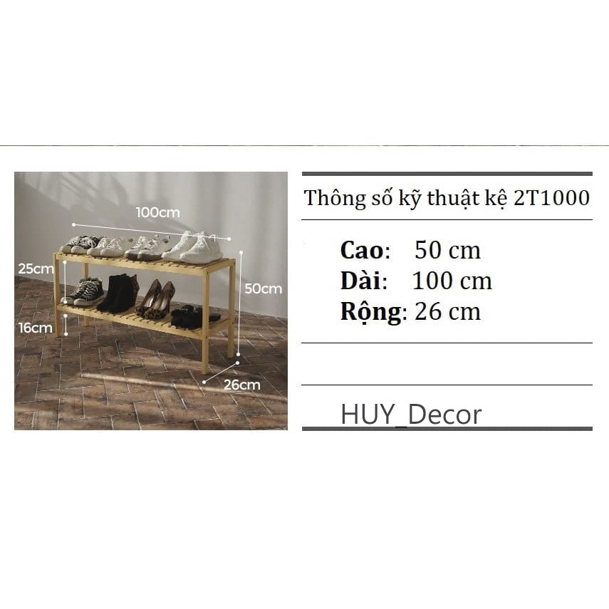 KỆ GIÀY DÉP 2 TẦNG - KỆ GIÀY DÉP GỖ THÔNG- Dài 100cm  HUY_Decor