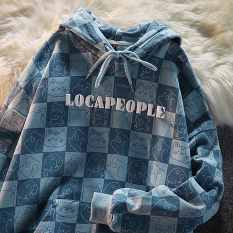 Xiaozhainv Áo Nỉ Hoodie Tay Dài Dáng Rộng In Họa Tiết Caro Phong Cách Retro 3 Màu Lựa Chọn | BigBuy360 - bigbuy360.vn