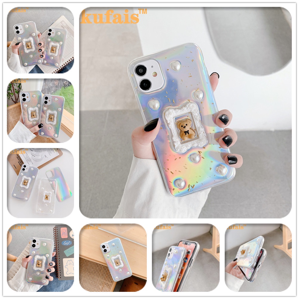 Ốp điện thoại epoxy trong suốt in hình gấu 3D cho iPhone 12 Pro MAX 7 8 Plus X XR XS 11 Pro MAX