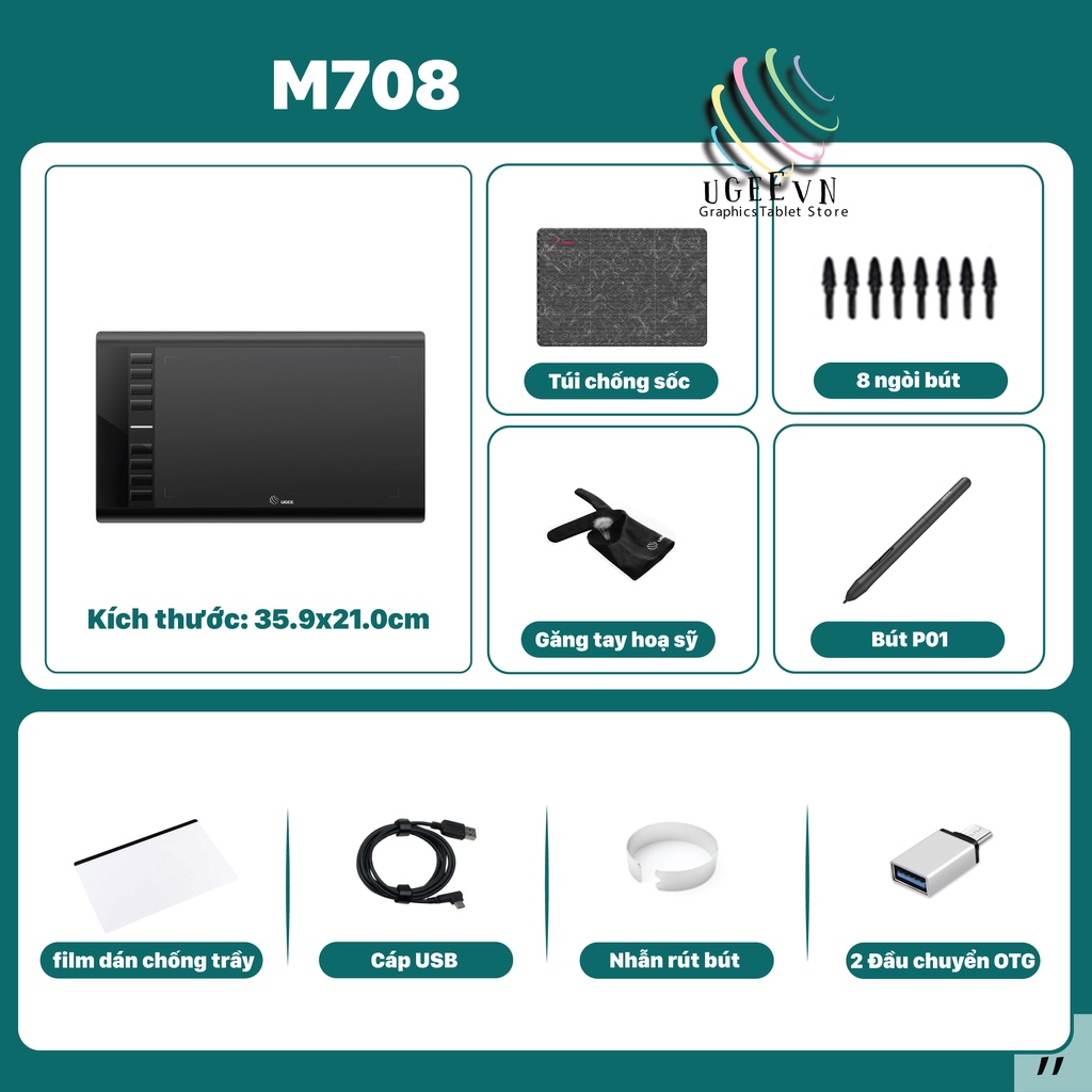 Bảng Vẽ Điện Tử Ugee M708 12inch Lực Nhấn 8192 Bút Stylus Không Sạc Chính Hãng