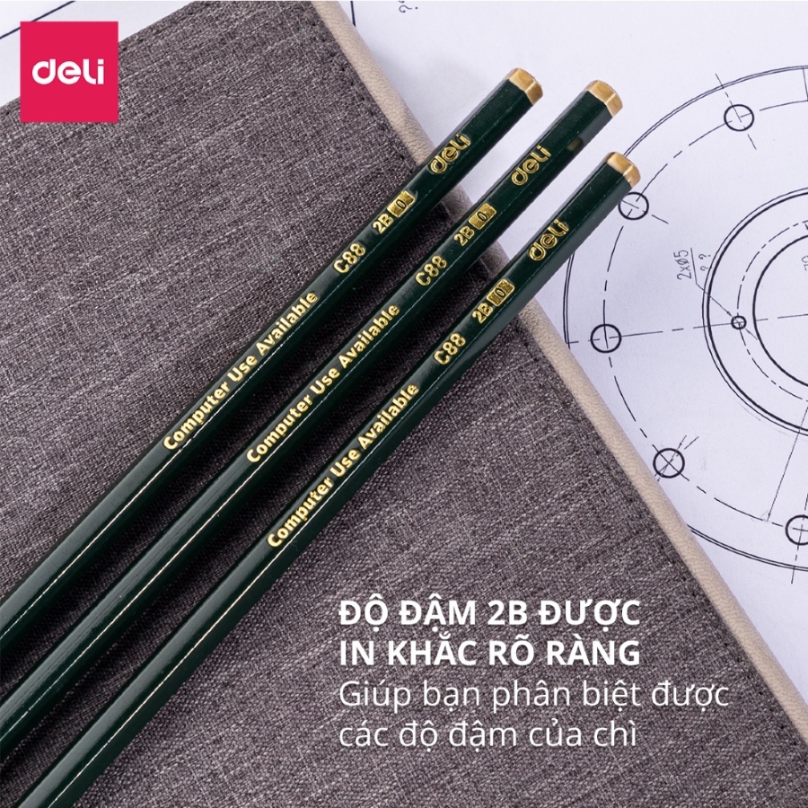 Bộ 12 bút chì gỗ học sinh Deli - Dùng thi giấy, quét máy chấm thi phù hợp với trường học và công sở- 2B