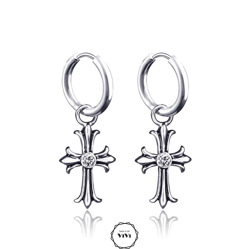 Bông tai bạc nam kiểu tròn Thánh Giá Activel – khuyên tai bạc ViVi_Gift