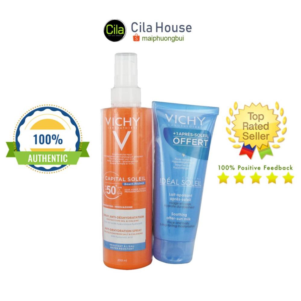 Set Xịt Chống Nắng Vichy 200ml Beach Protect SPF50+ kèm kem nhả nắng 100ml - Cila House