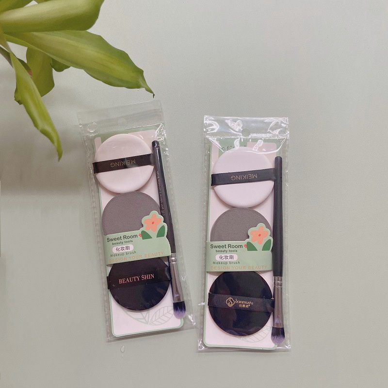 Bông mút đánh phấn đánh nền Bộ ba miêng bông mút tán nền kèm cọ 4in1 xinh xắn tiện lợi phù hợp BM09