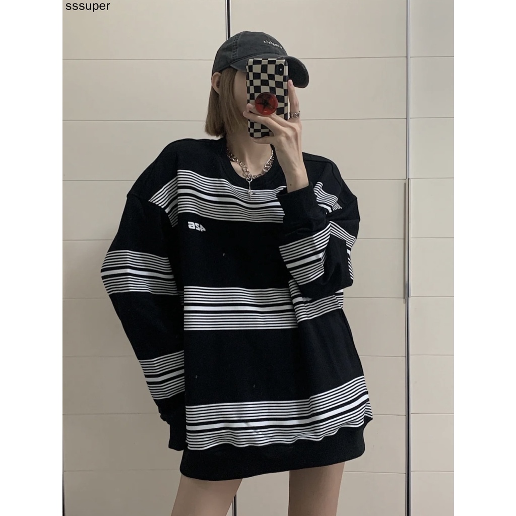 Áo sweater mỏng tay dài dáng rộng kẻ sọc size lớn thời trang mùa thu cho nữ