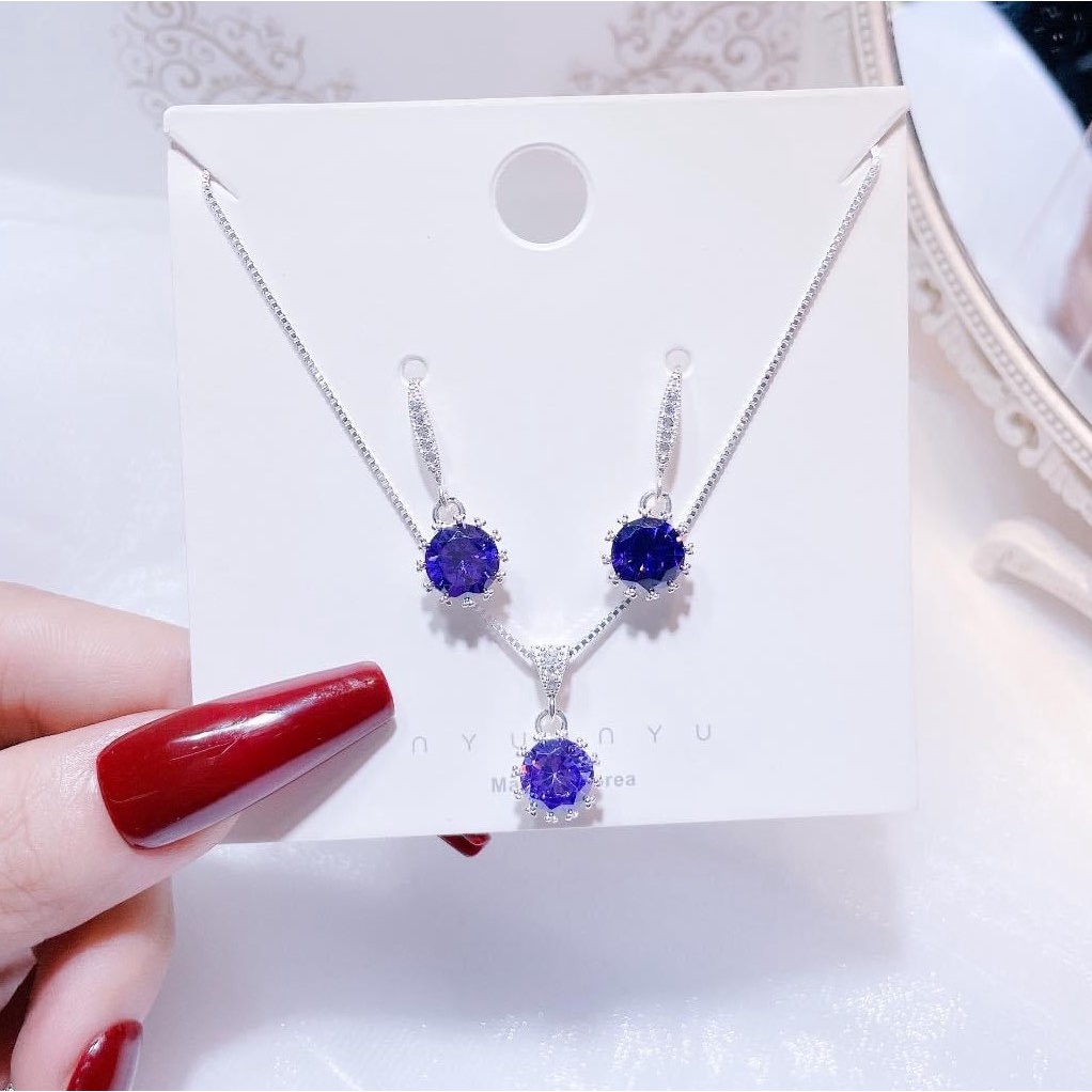 Combo trang sức bạc Dây chuyền + Bông tai gắn đá màu, phong cách trẻ trung năng động