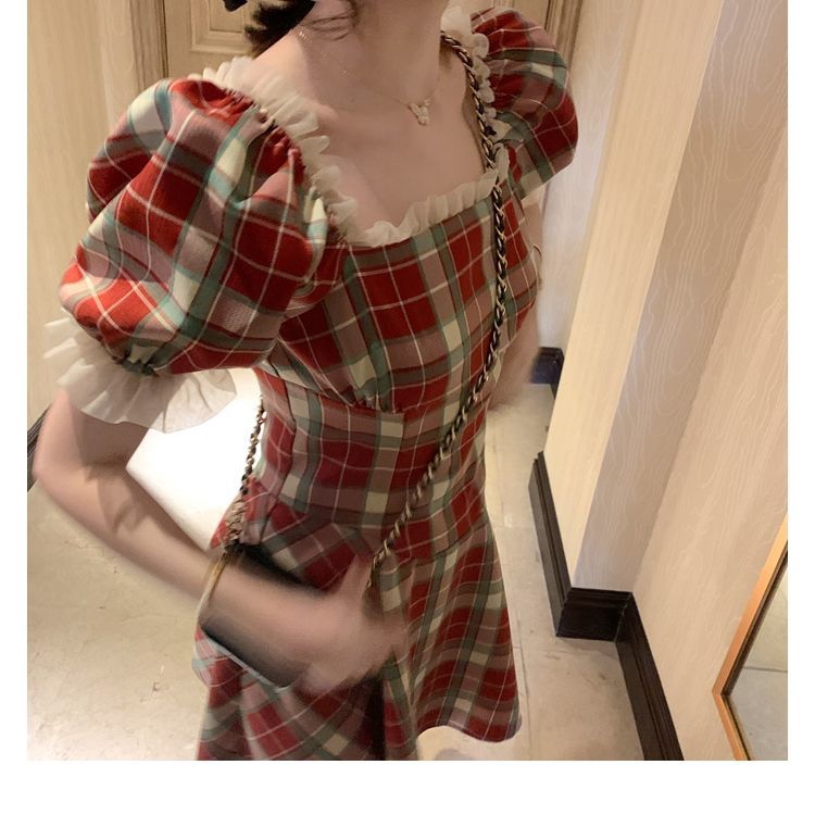 Large Size Dress Retro Plaid Red Dress Square Mouth Bubble Sleeve French Skirt 2020 New Summer | BigBuy360 - bigbuy360.vn
