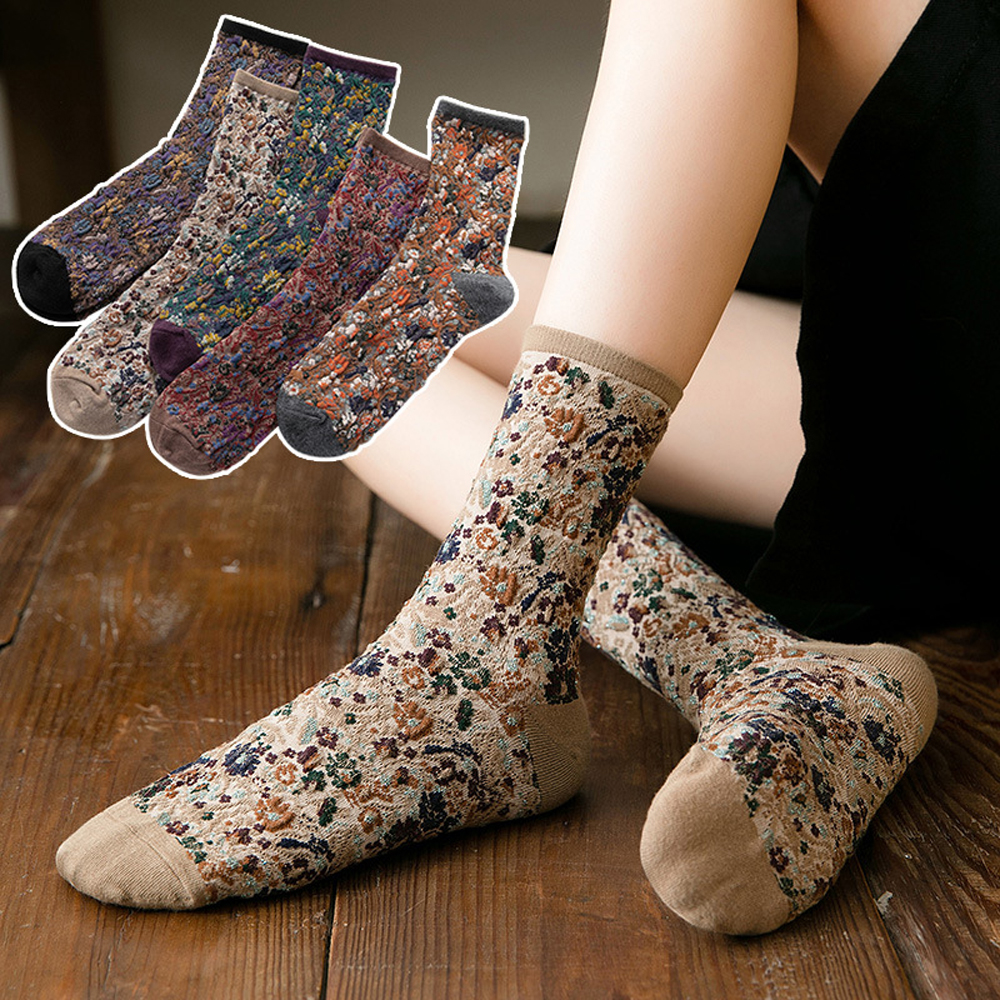 Đôi Vớ Cotton Dài In Họa Tiết Hoa Phong Cách Hàn Quốc Cho Nữ