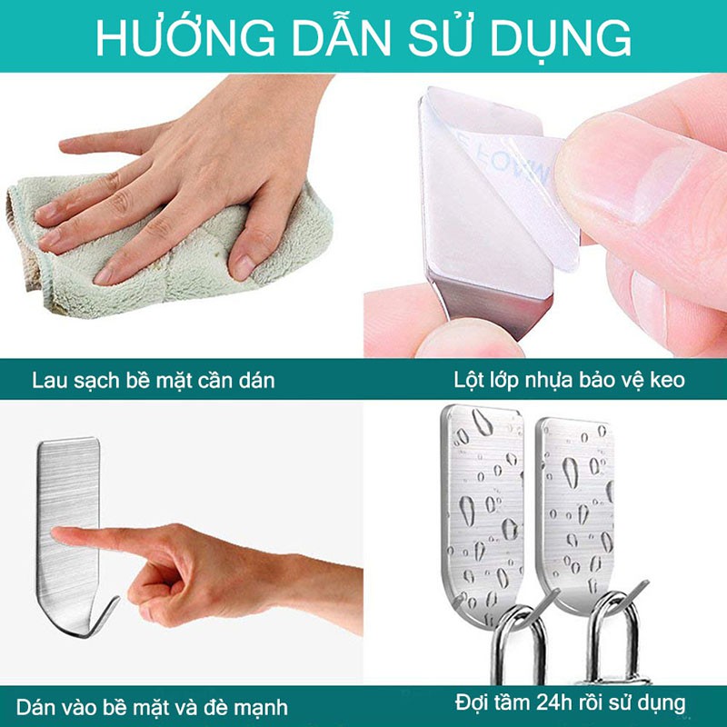 Combo 8 Móc Inox SUS304 Sử Dụng Keo 3M Dán Tường Phòng Tắm, nhà bếp siêu dính - HOBBY 30552