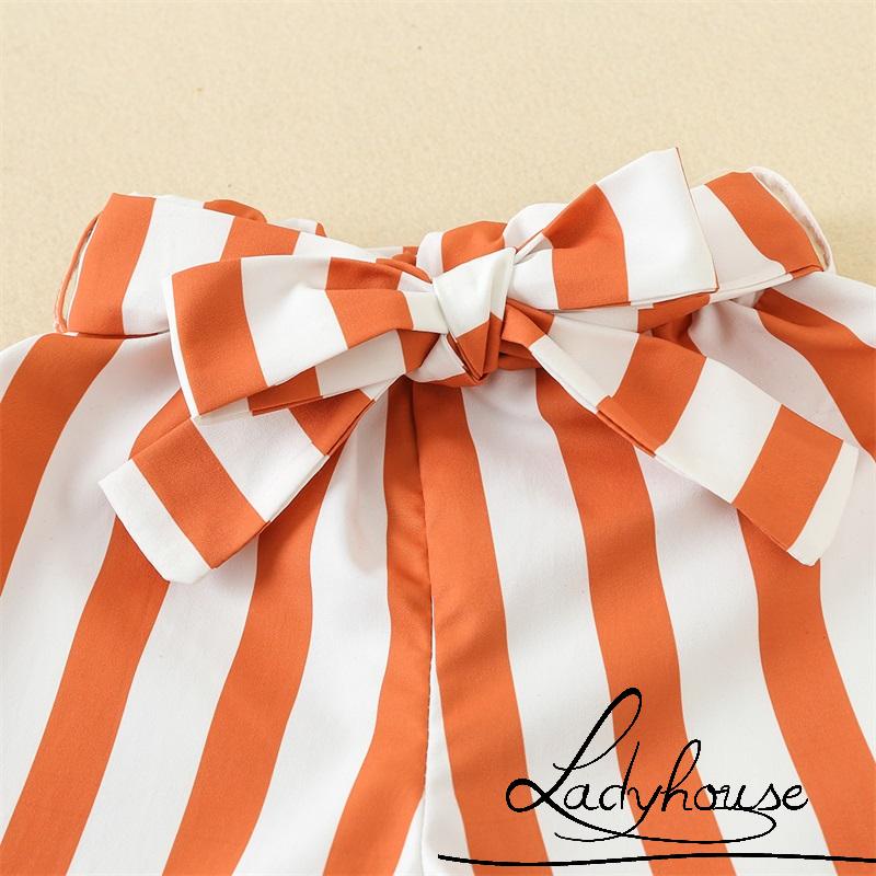 Áo thun cổ tròn in hình thỏ hoạt họa + quần short kẻ sọc phối thắt lưng phong cách mùa hè dành cho bé